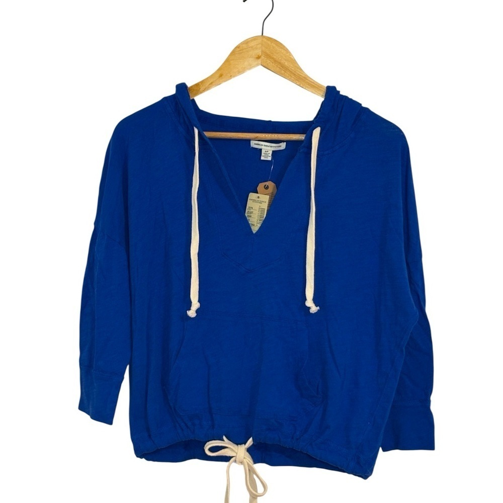 American Eagle Outfitters Blue Crop Pullover Hoodie, lightweight, 3/4 sleeves, S